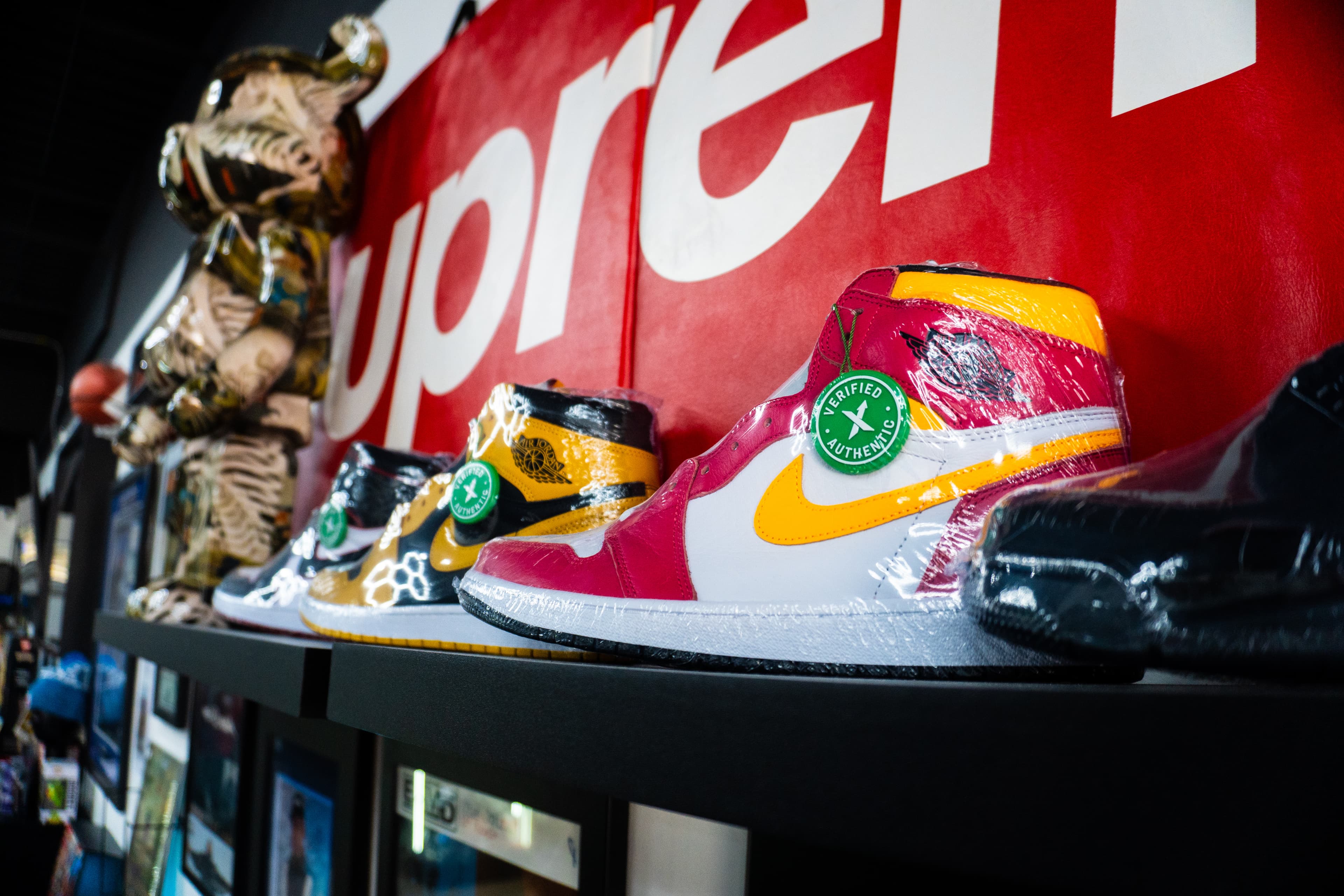 Collectible sneakers displayed in the shop